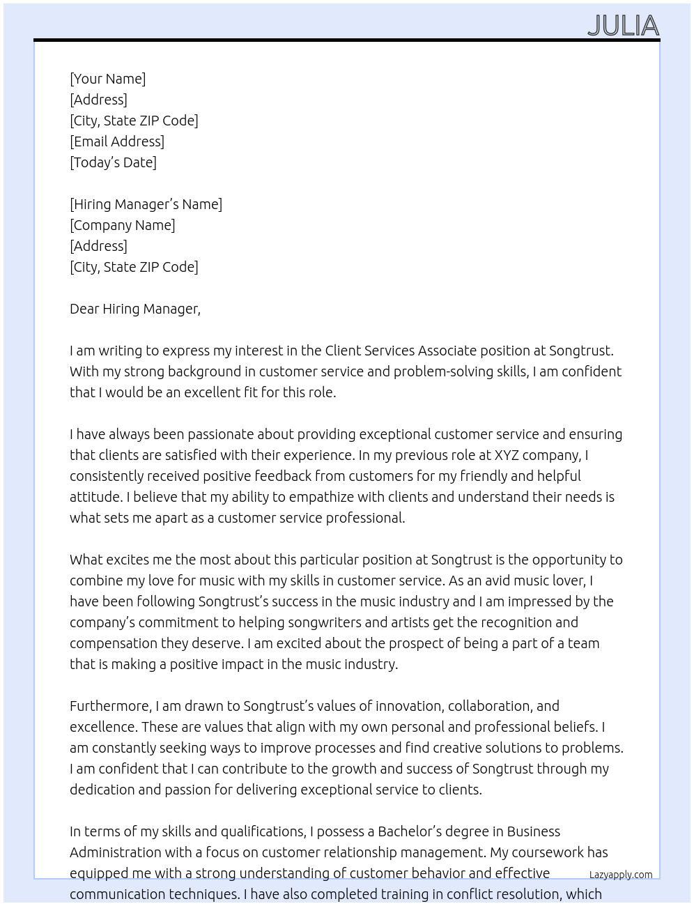 Client Services Associate At Songtrust Cover Letter