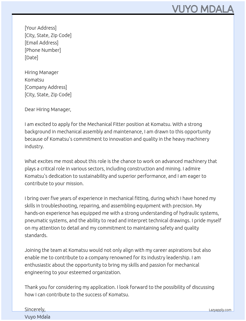 Mechanical Fitter At Komatsu Cover Letter