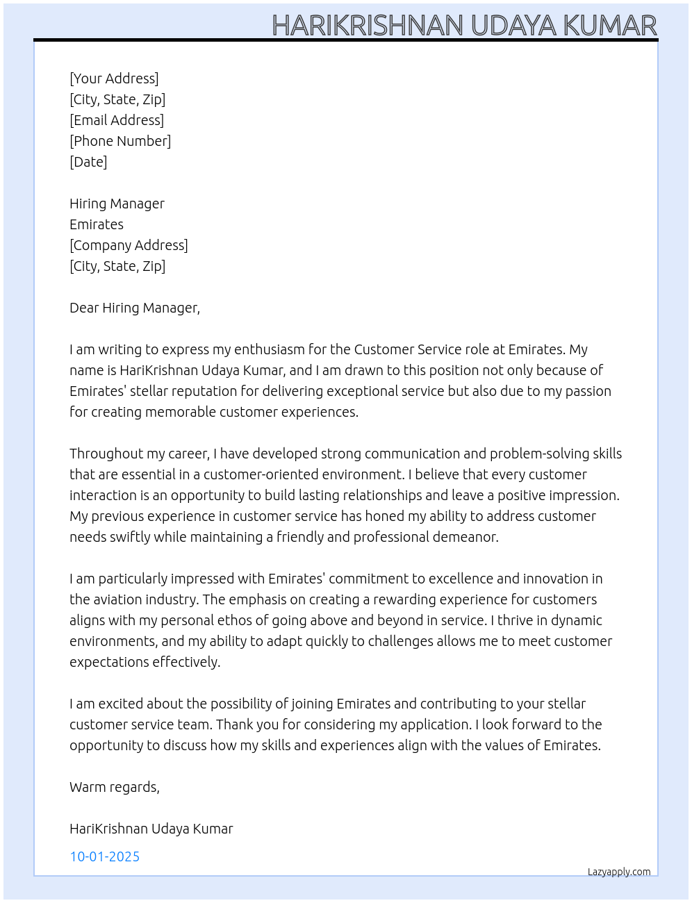 Customer Service Roles At Emirates Cover Letter