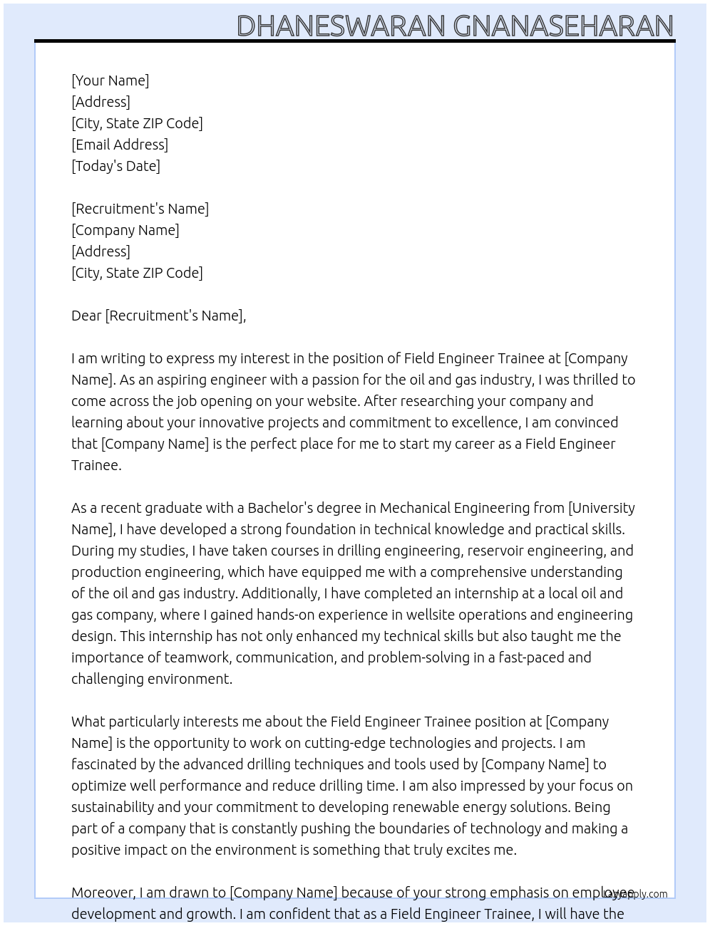 Field Engineer Trainee At SLB Cover Letter
