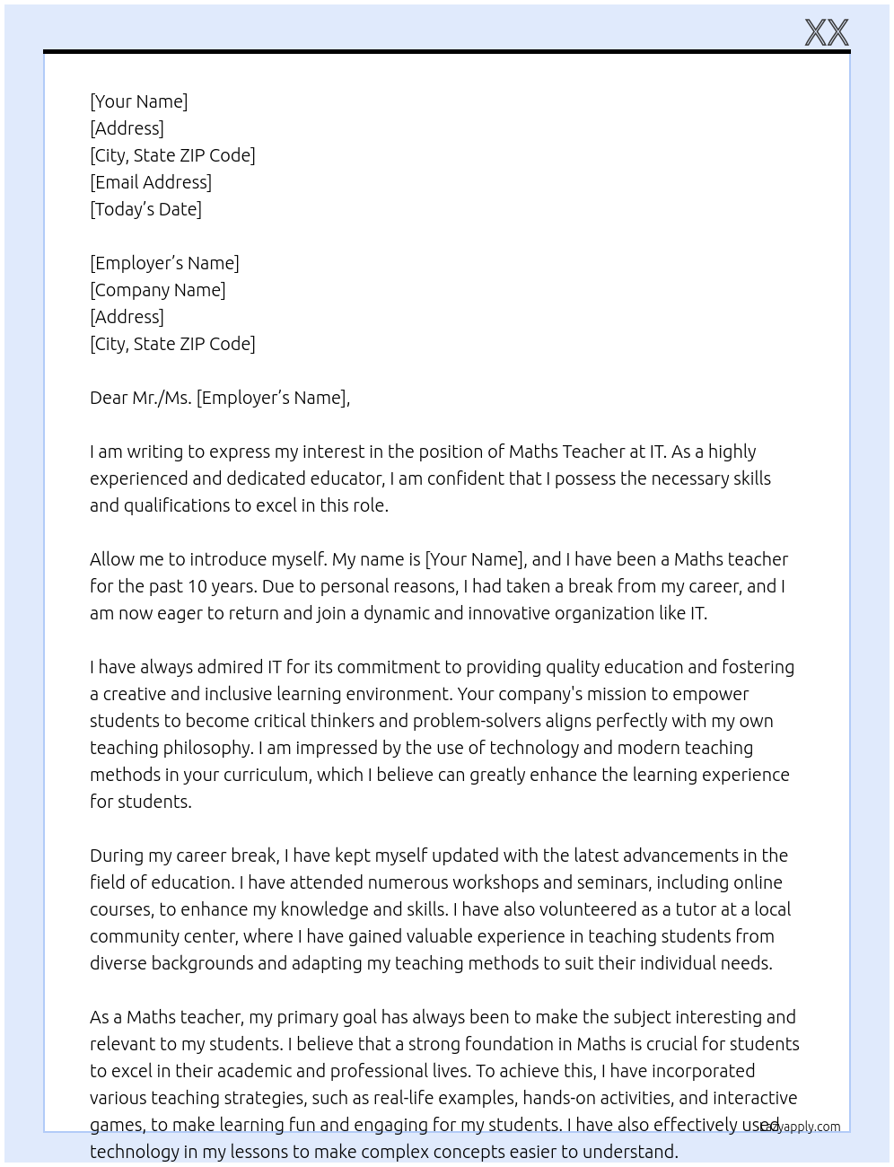 Maths teacher At IT Cover Letter