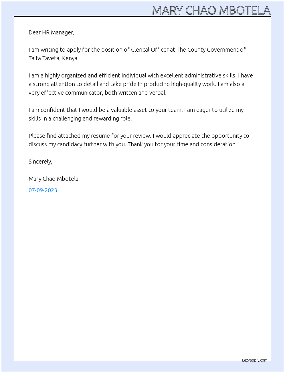 CLERICAL OFFICER At THE COUNTY GOVERNMENT OF TAITA TAVETA ,KENYA Cover Letter