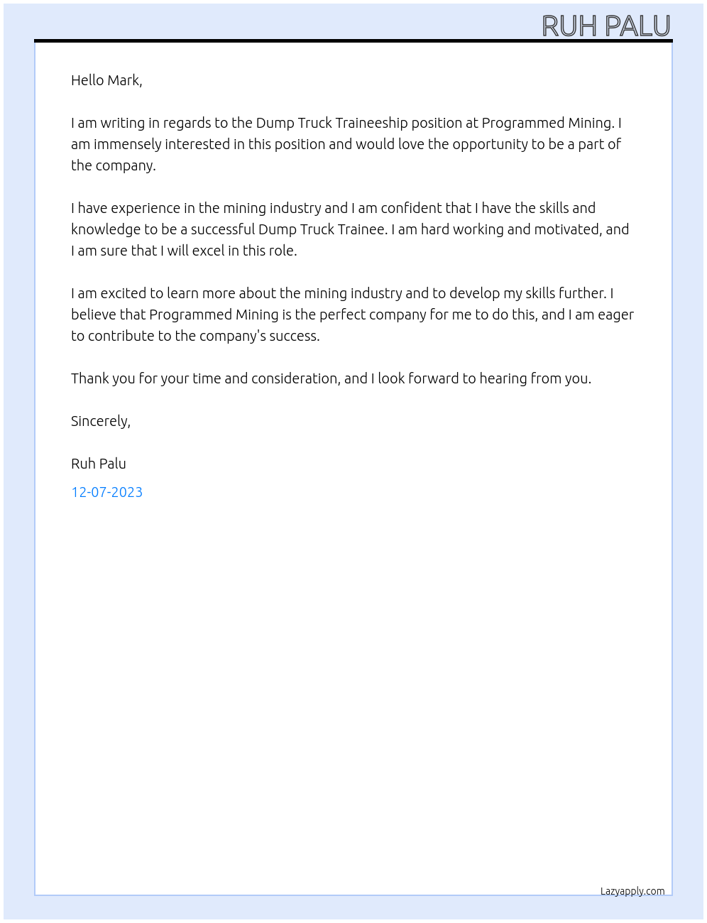 Dump Truck Traineeship At Programmed Mining Cover Letter