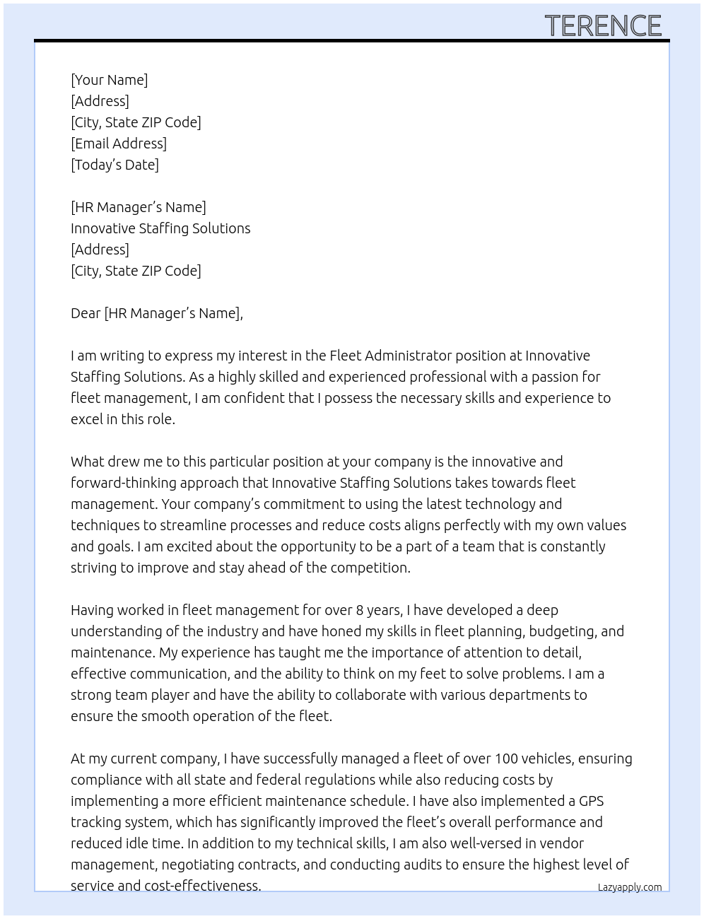 Fleet administrator  At Innovative staffing solutions  Cover Letter