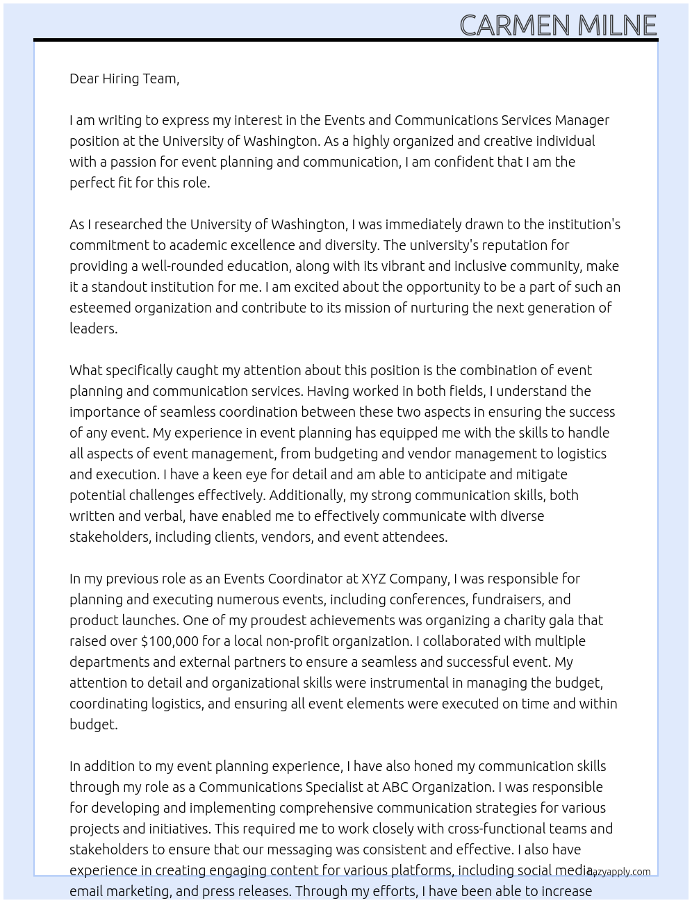 Events and Communications Services Manager At University of Washington Cover Letter