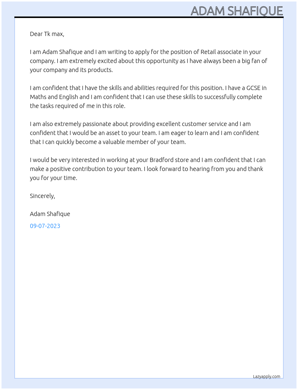 Retail associate At Tk max Cover Letter