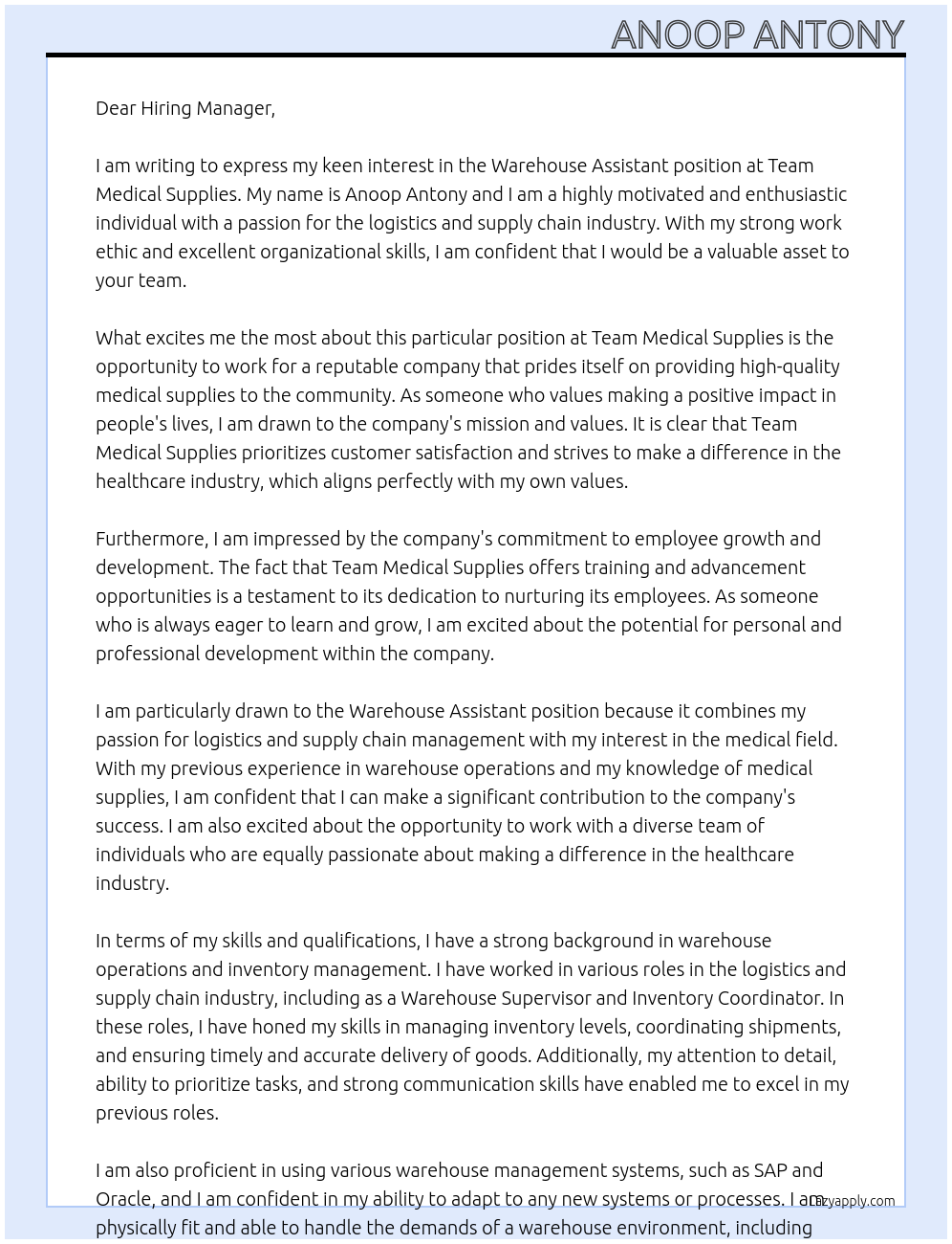  Warehouse Assistant At team medical supplies Cover Letter