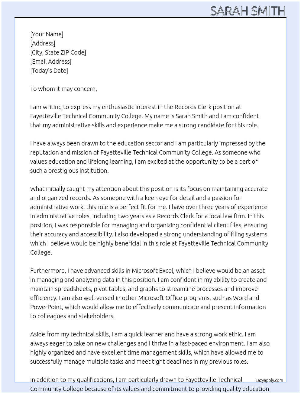 Records Clerk At Fayetteville Technical Community College Cover Letter