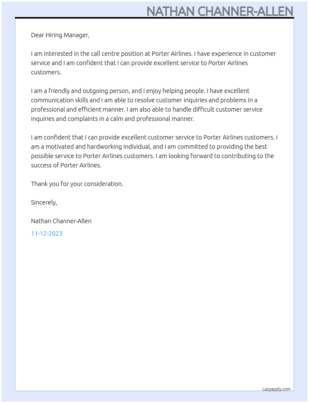 Call Centre At Porter Airlines Cover Letter