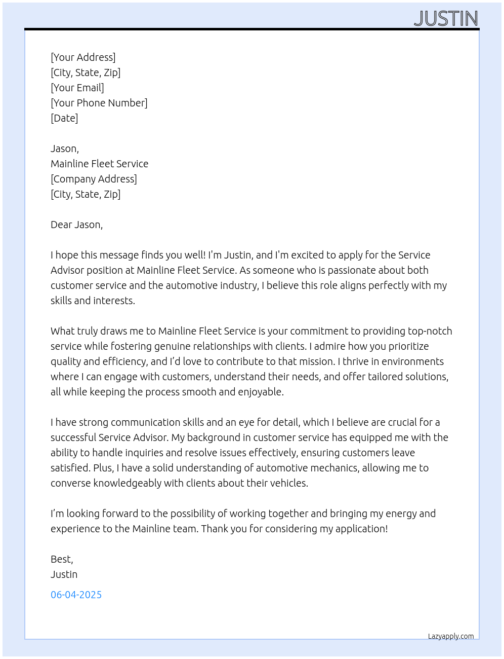 Service Advisor  At Mainline Fleet Service Cover Letter