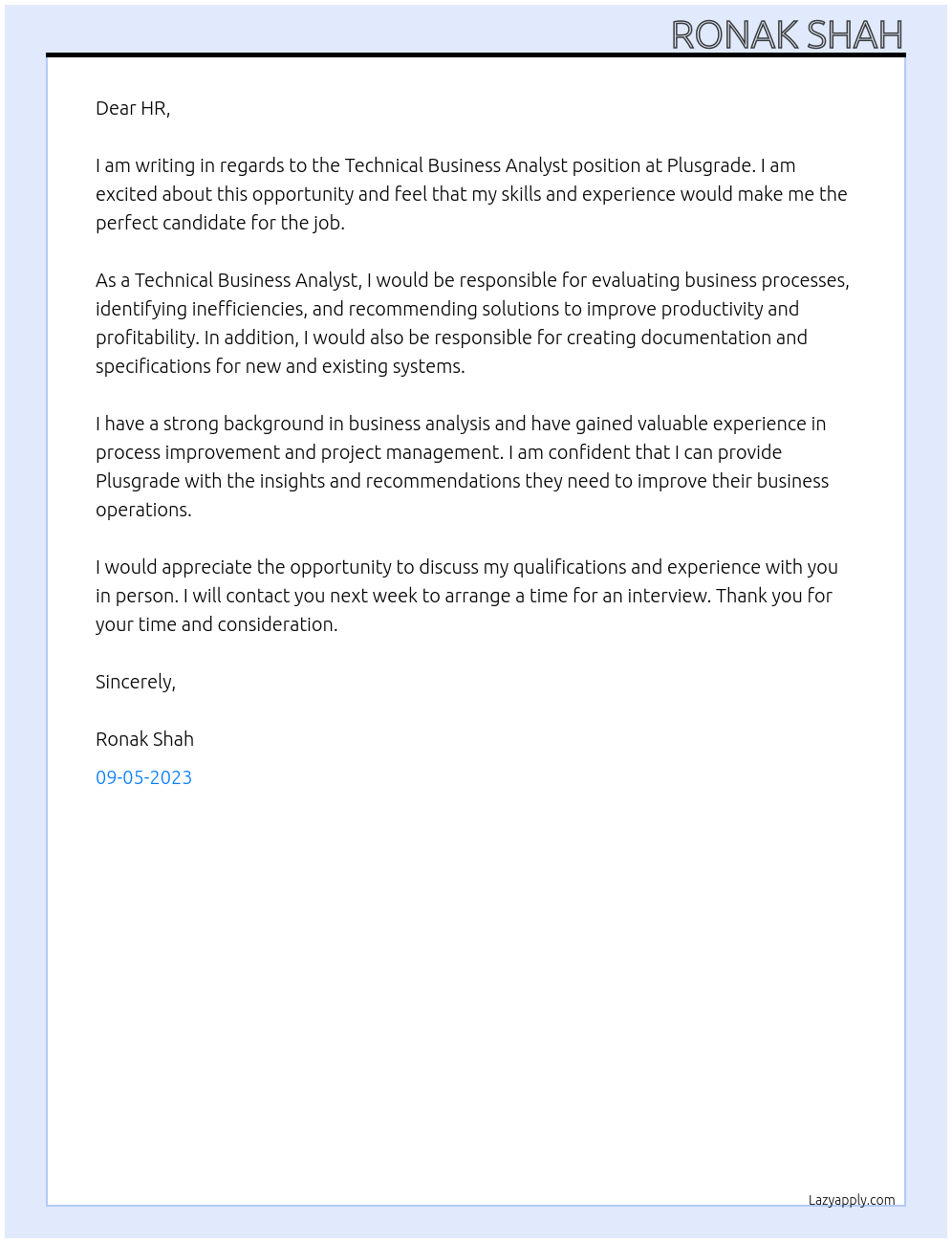 Technical Business Analyst At Plusgrade Cover Letter