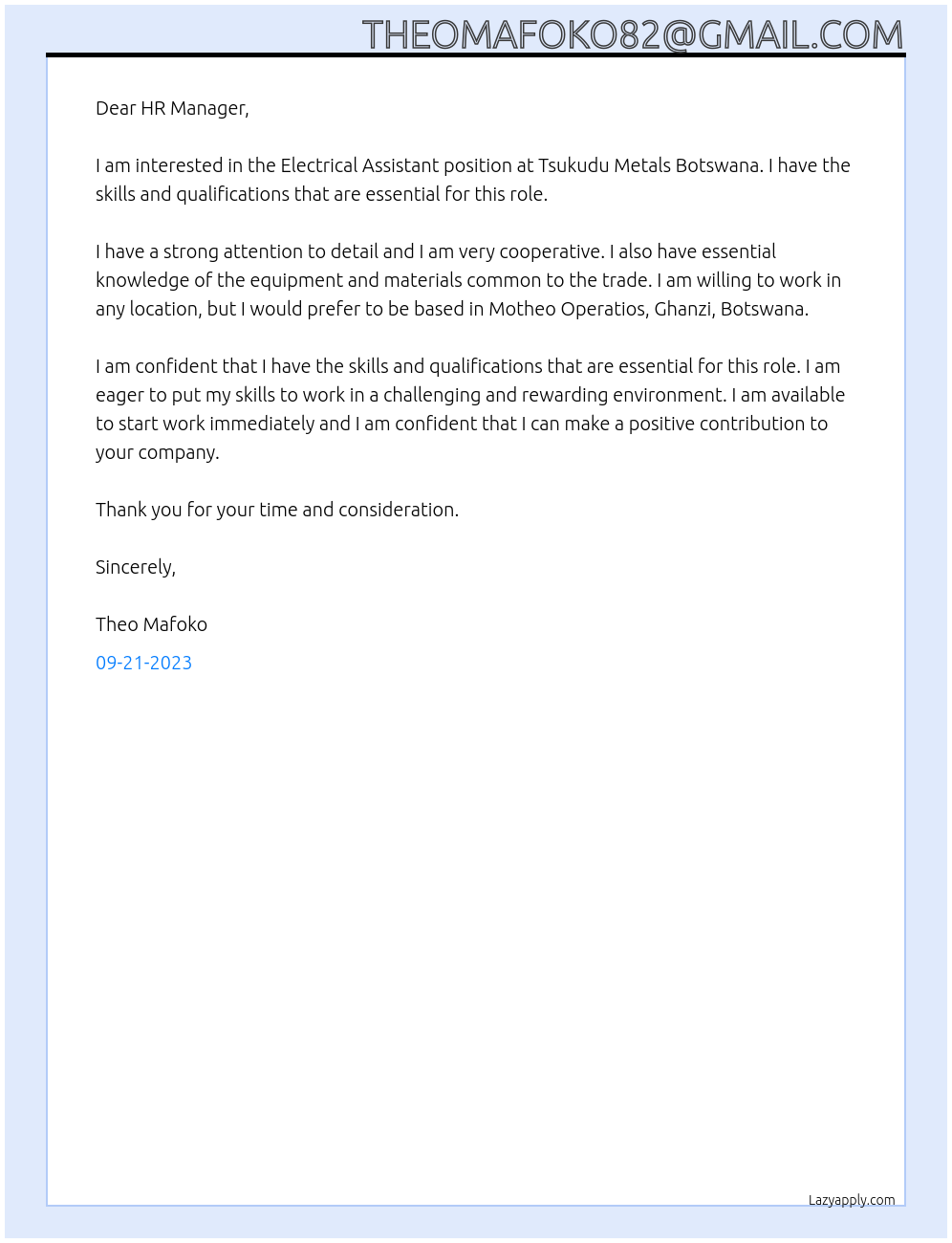 Electrical Assistant At Tsukudu Metals Botswana Cover Letter