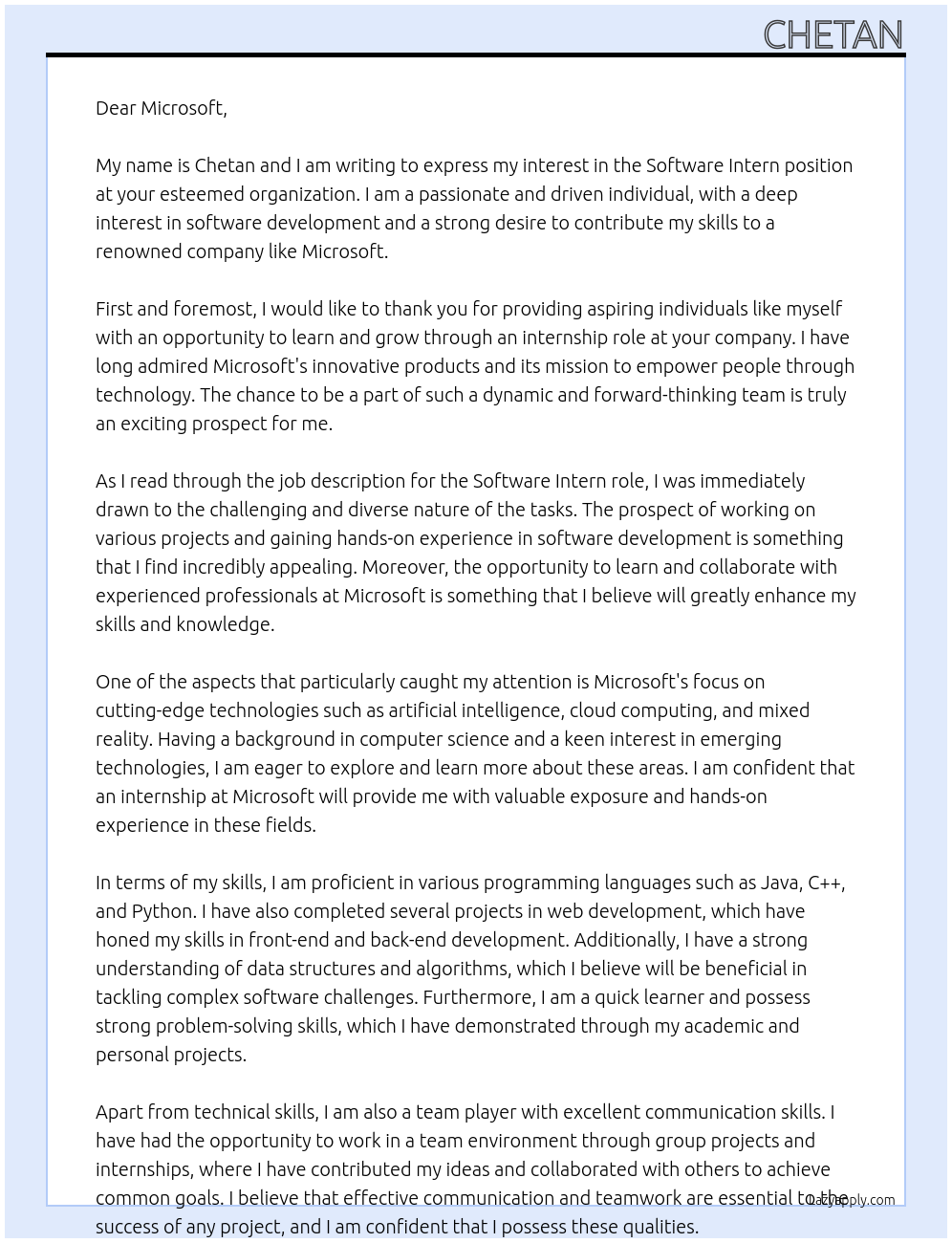 Software Intern At Microsoft Cover Letter