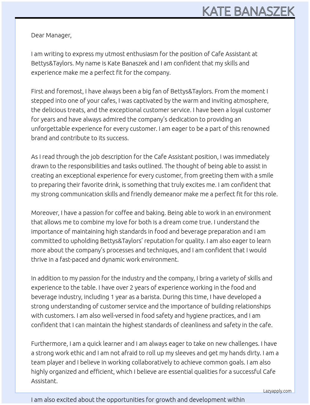 Cafe Assistant At Bettys&Taylors Cover Letter