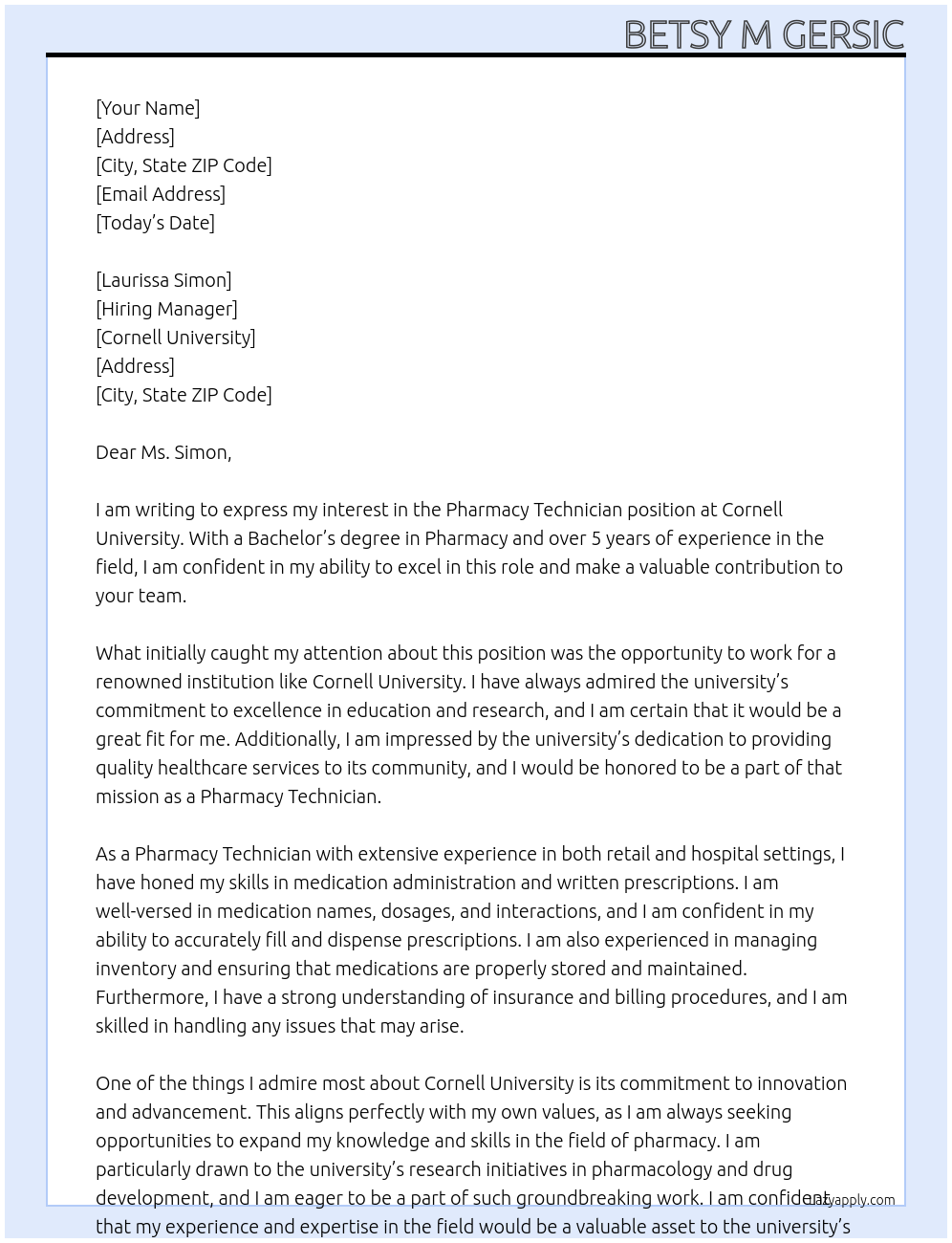 Pharmacy technician  At Cornell University  Cover Letter