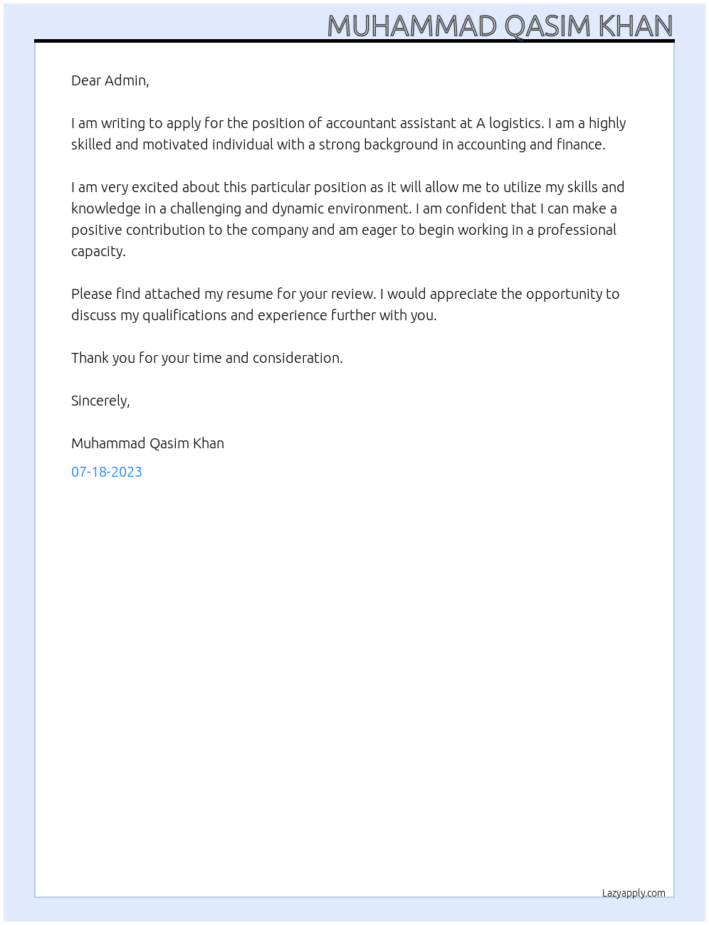 Accountant assistant At A logisticss Cover Letter