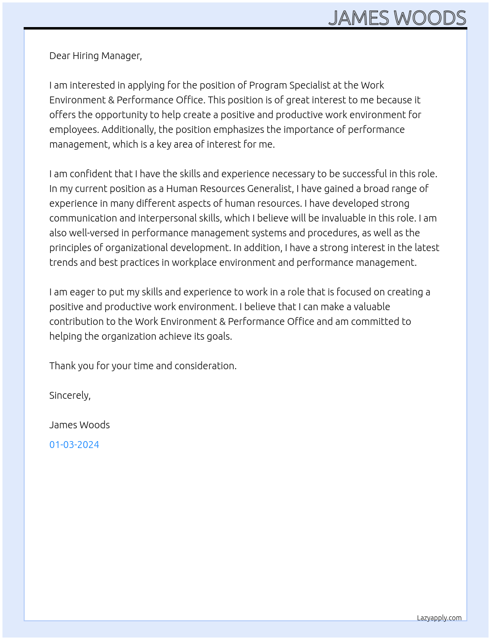 Program Specialist At Work Environment & Performance Office Cover Letter