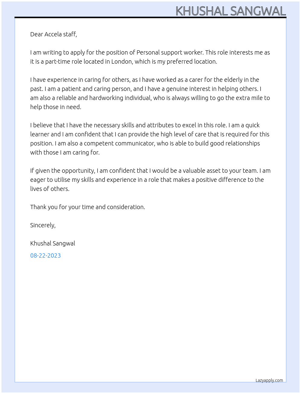 Personal support worker At Accela staff Cover Letter