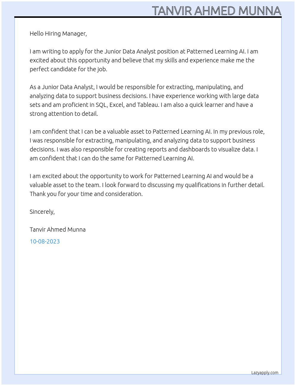 Junior Data Analyst At Patterned Learning AI Cover Letter