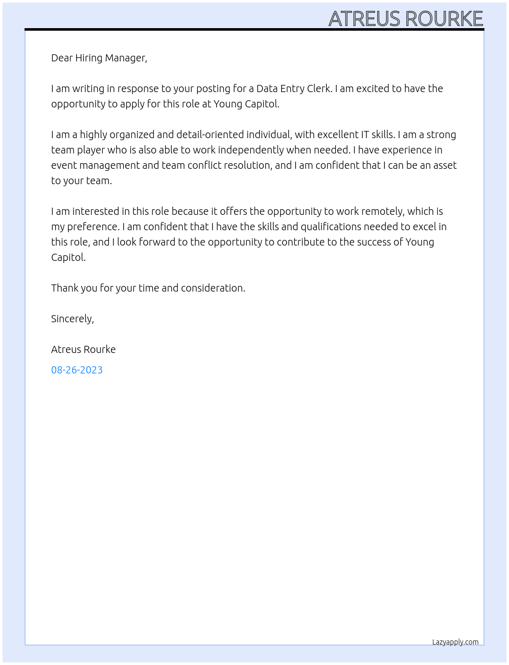 Data entry clerk At Young Capitol Cover Letter