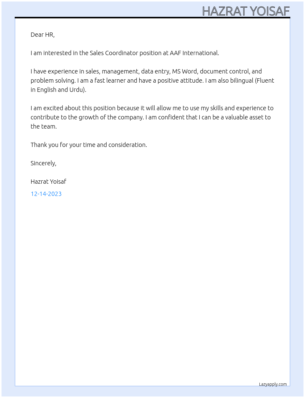 Sales Coordinator At AAF International Cover Letter