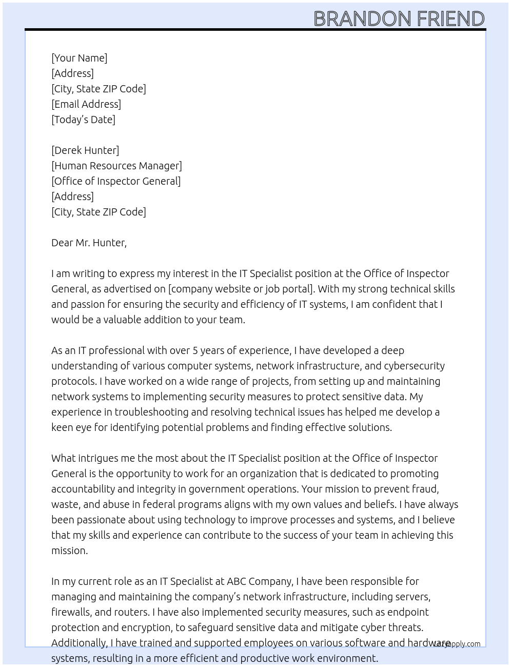 IT Specialist At Office of inspector General Cover Letter