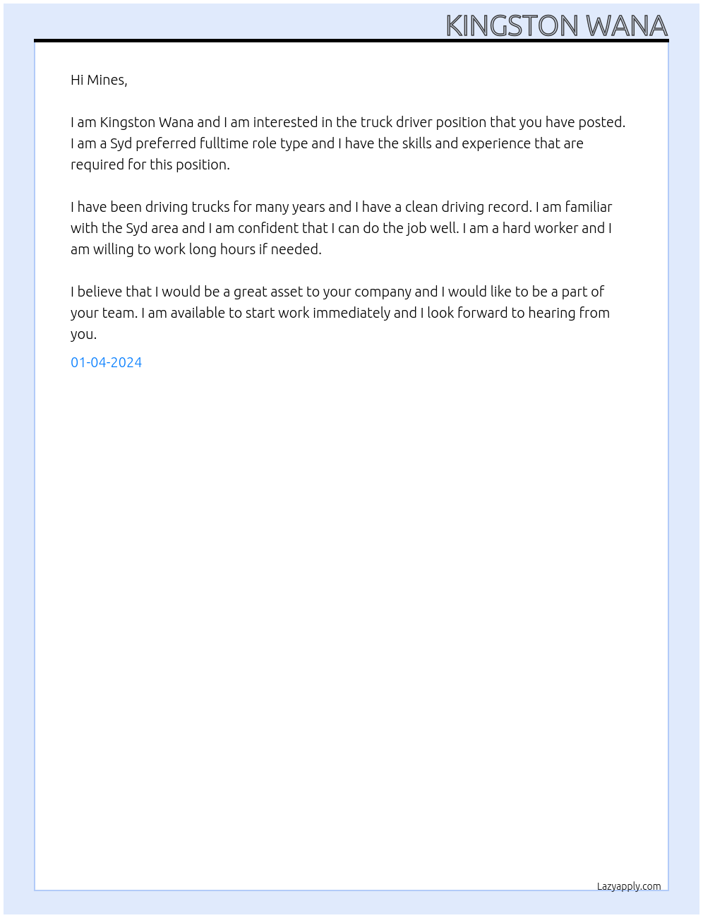 Truck Driver At Mines Cover Letter