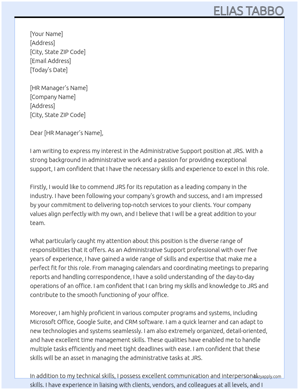 Administrative support At JRS Cover Letter