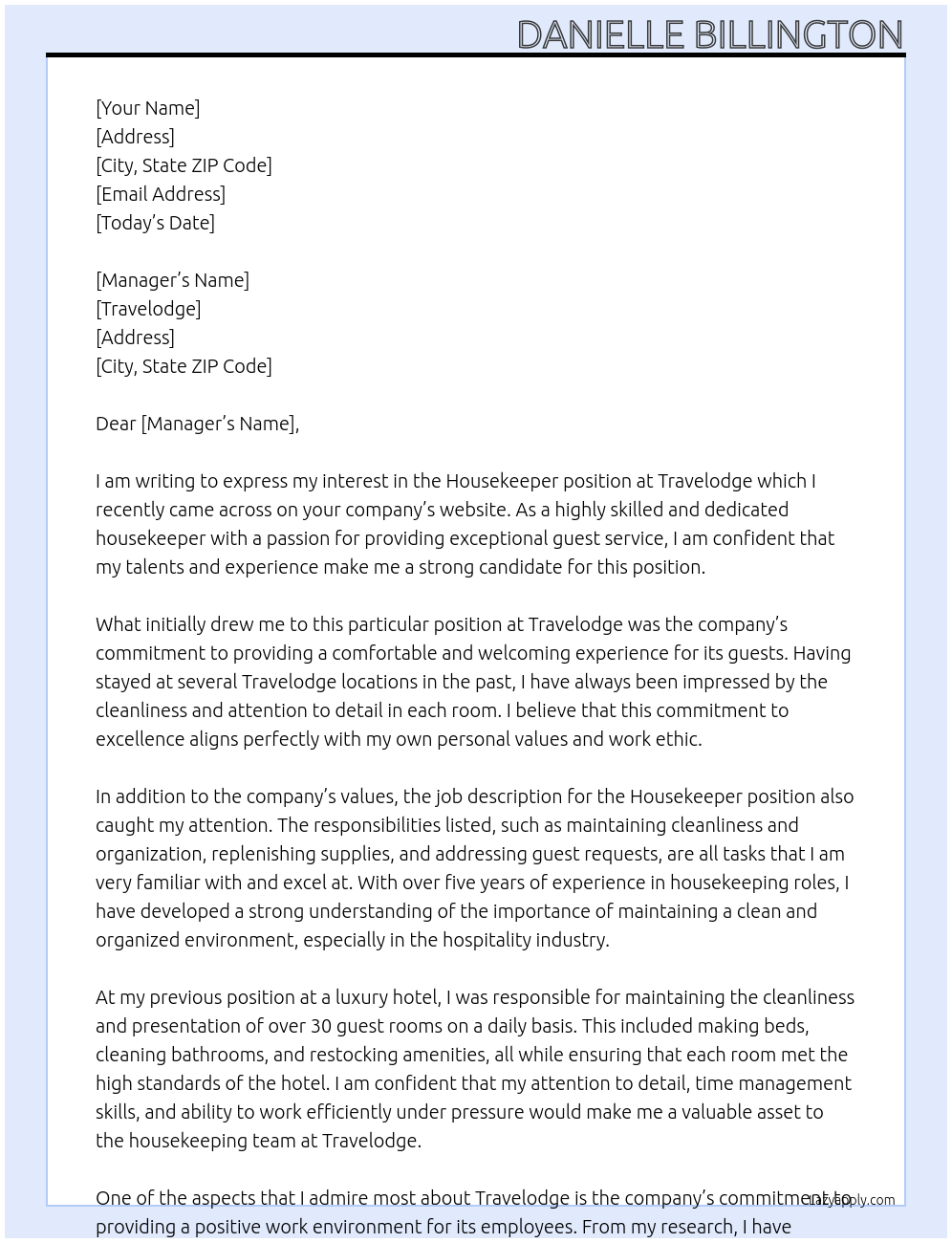 Housekeeper At Travelodge Cover Letter
