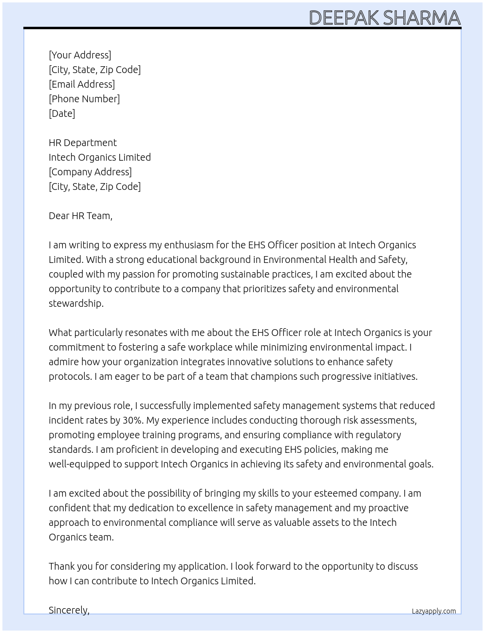EHS officer  At Intech Organics Limited Cover Letter