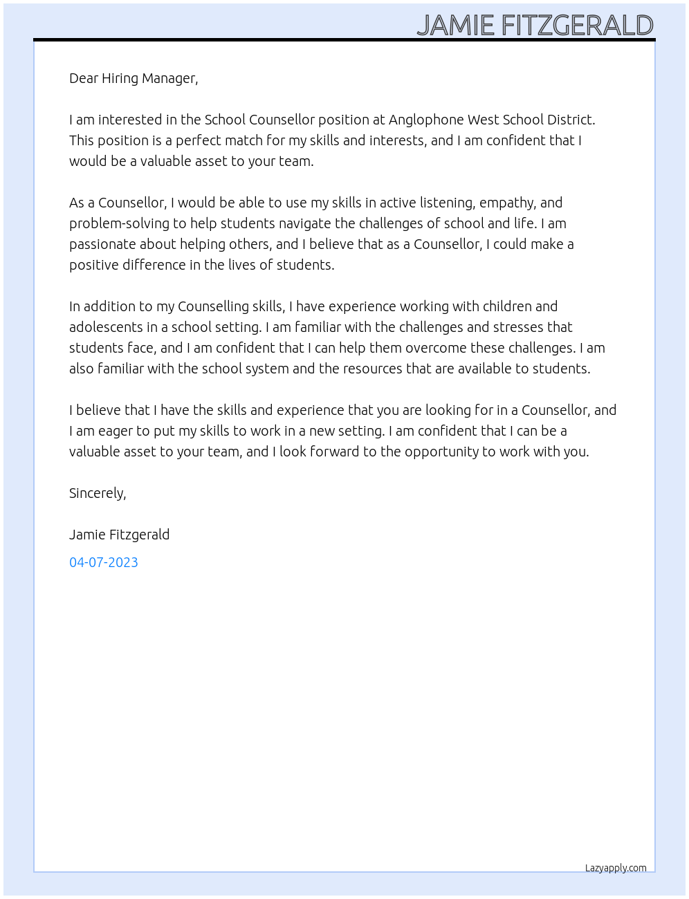 School Counsellor At Anglophone West School District Cover Letter