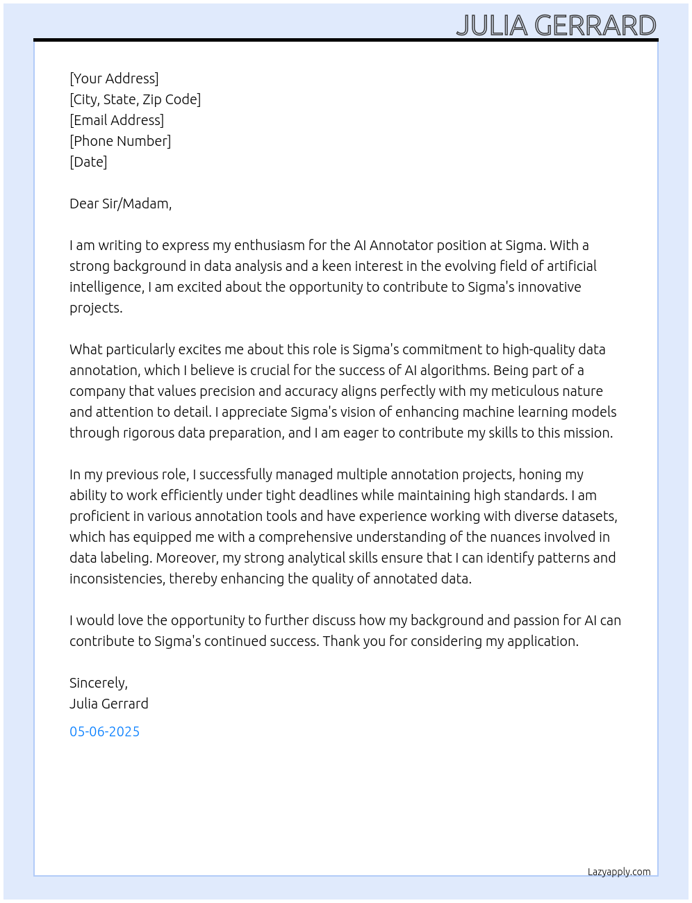 AI annotator At Sigma Cover Letter