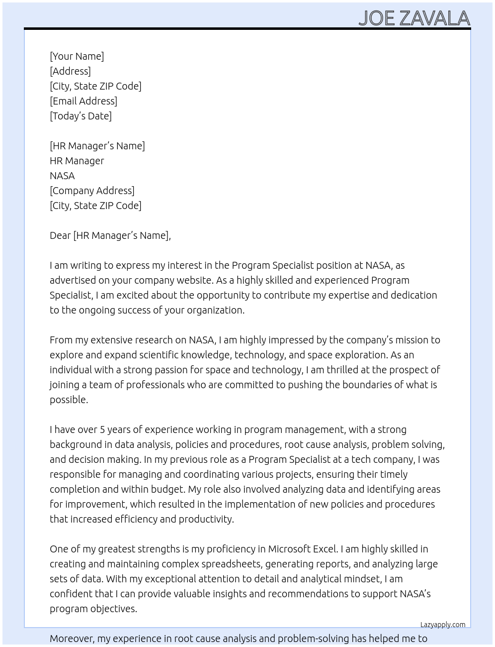 Program Specialist At Nasa Cover Letter