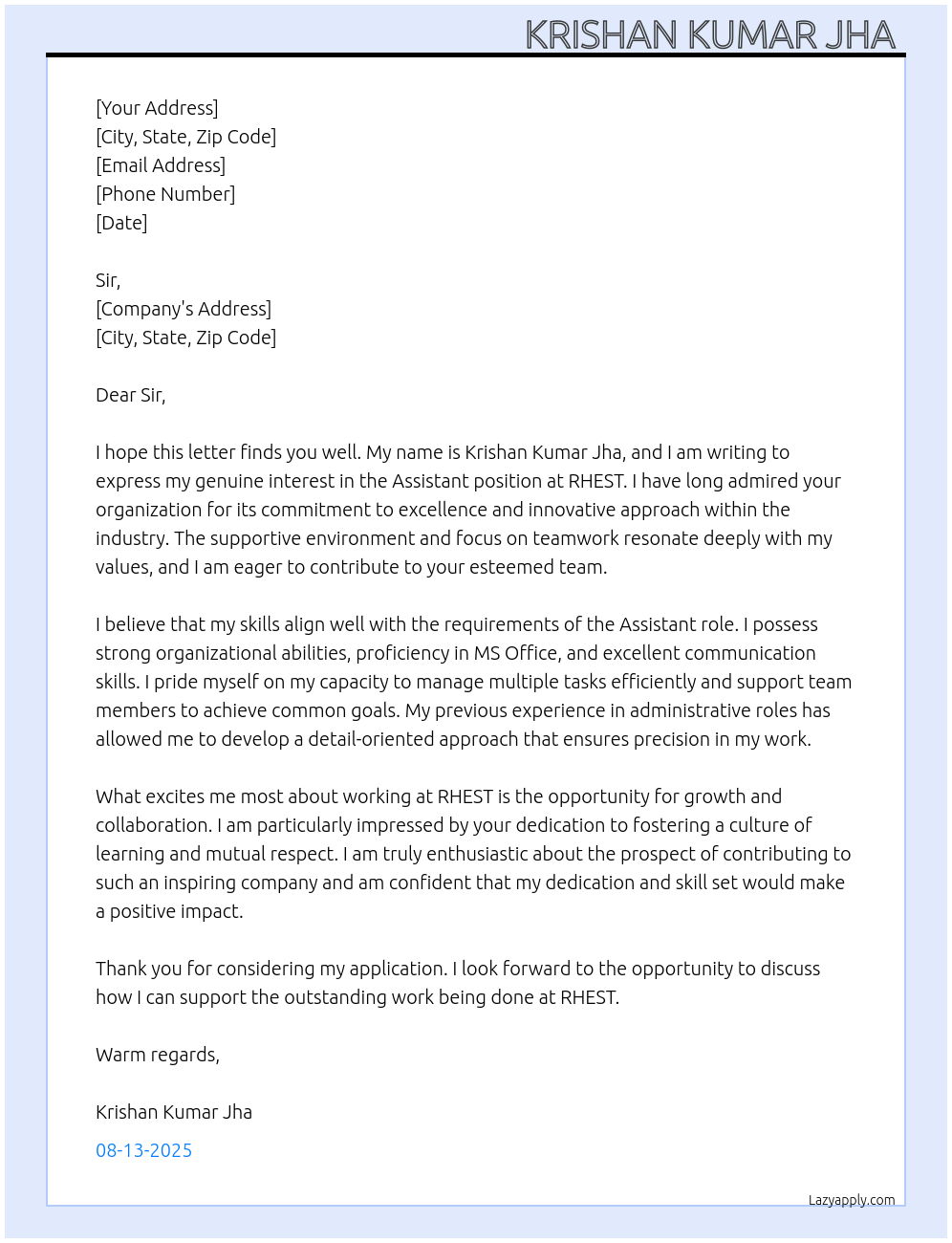 Assistant  At RHEST Cover Letter