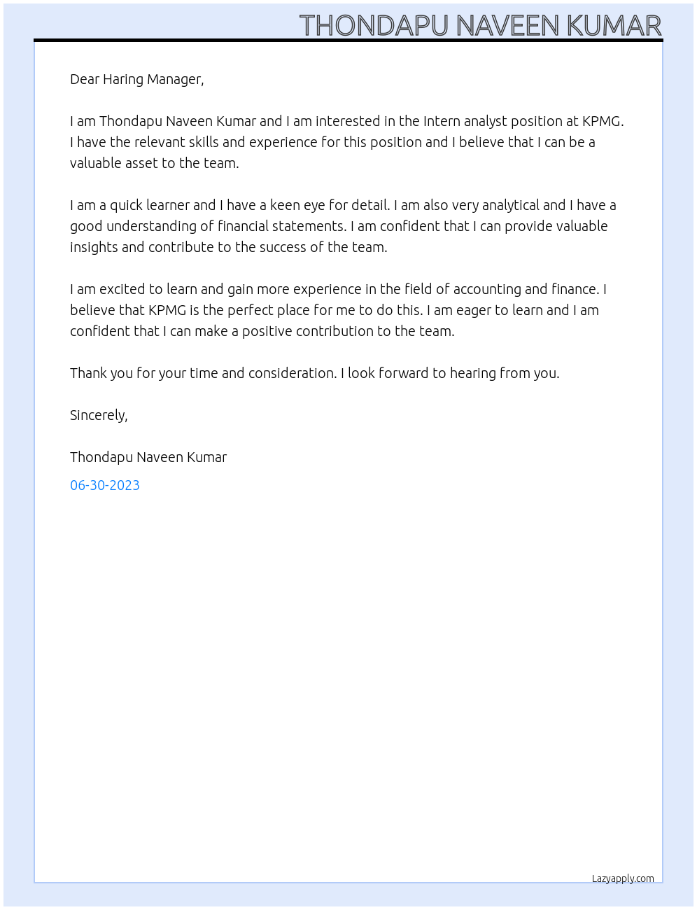 Intern analyst At KPMG Cover Letter