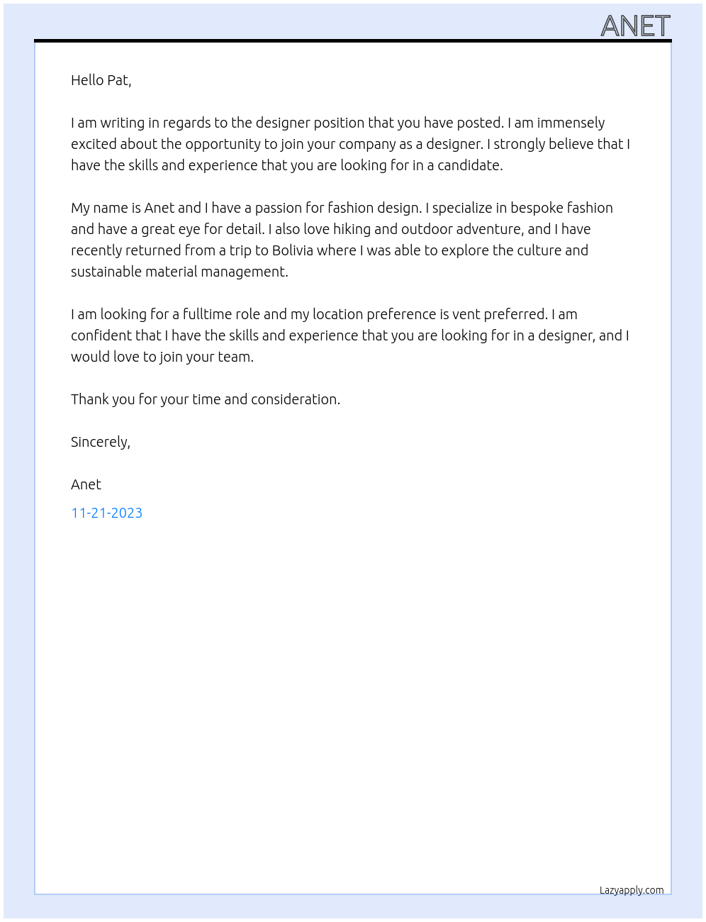 designer At pat Cover Letter