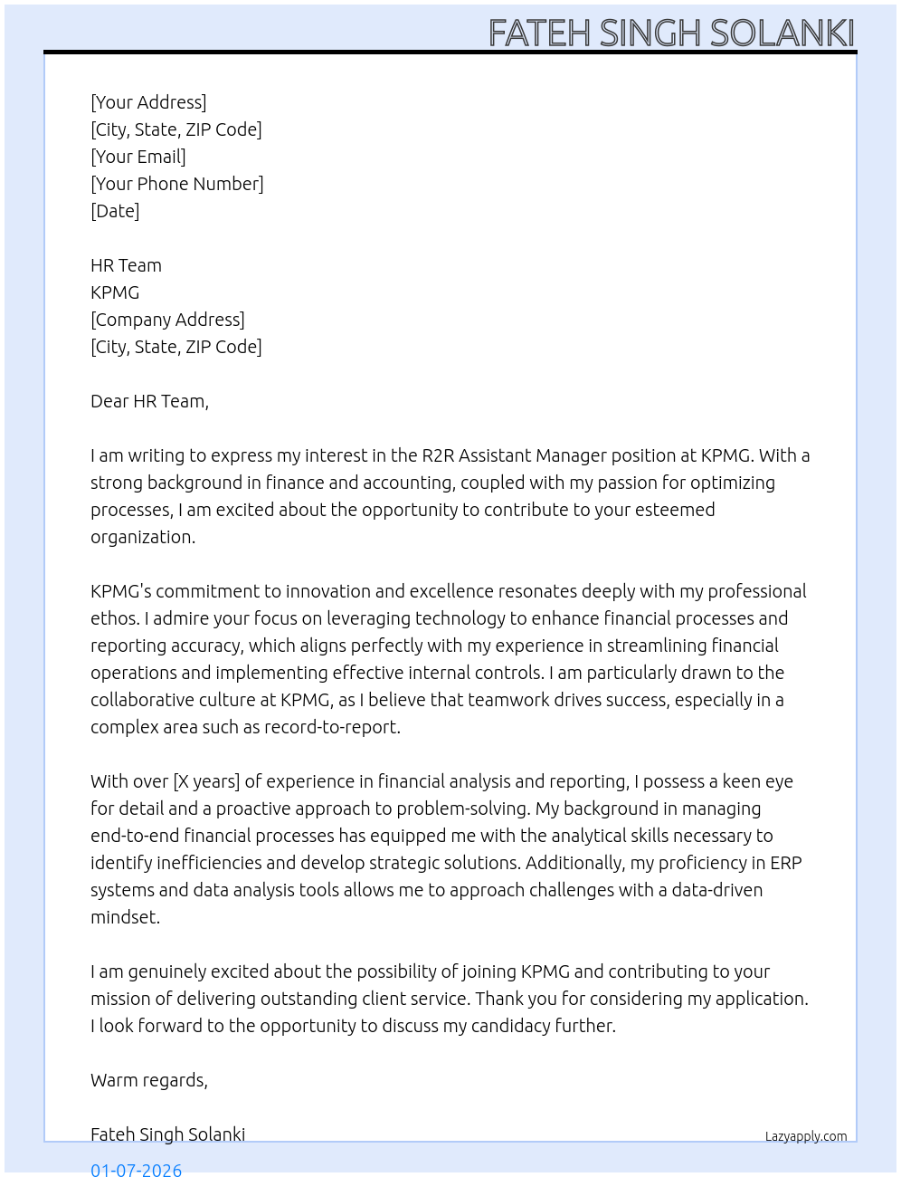 R2R-Assiatant Manager At KPMG Cover Letter