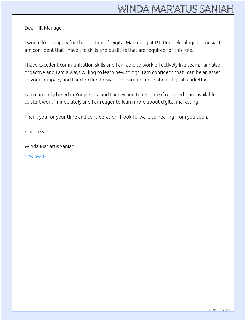 Digital Marketing At PT. Uno Teknologi Indonesia Cover Letter