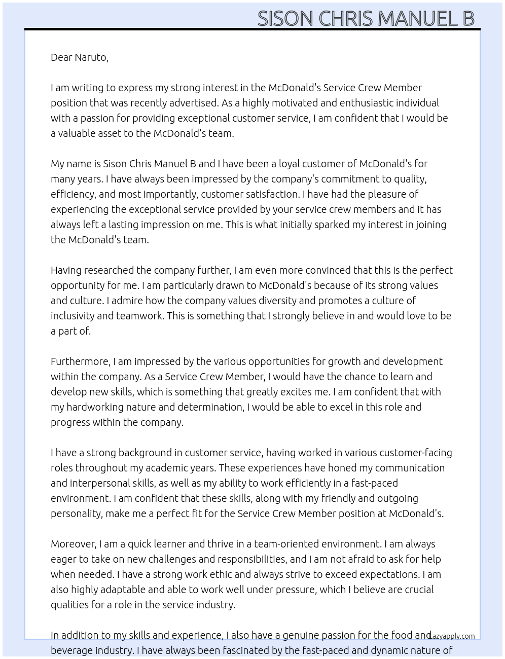 McDonald's Service Crew Member  At McDonald's  Cover Letter