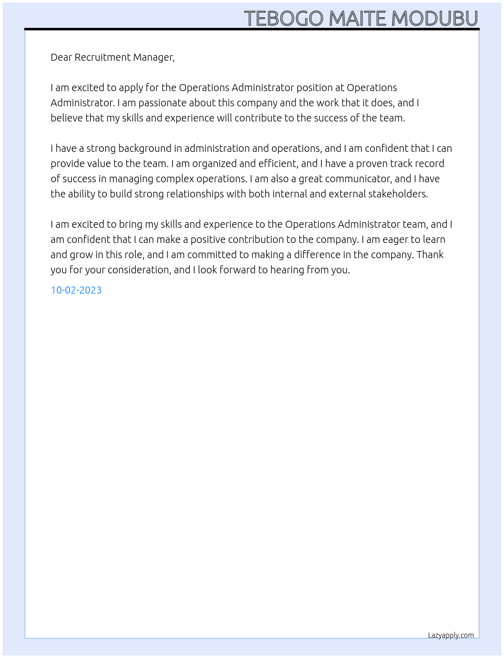 Operations Administrator At Operations Administrator Cover Letter