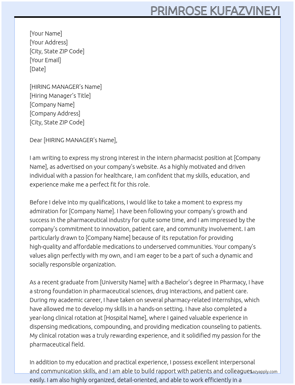 intern pharmacist At MADOKERO Cover Letter