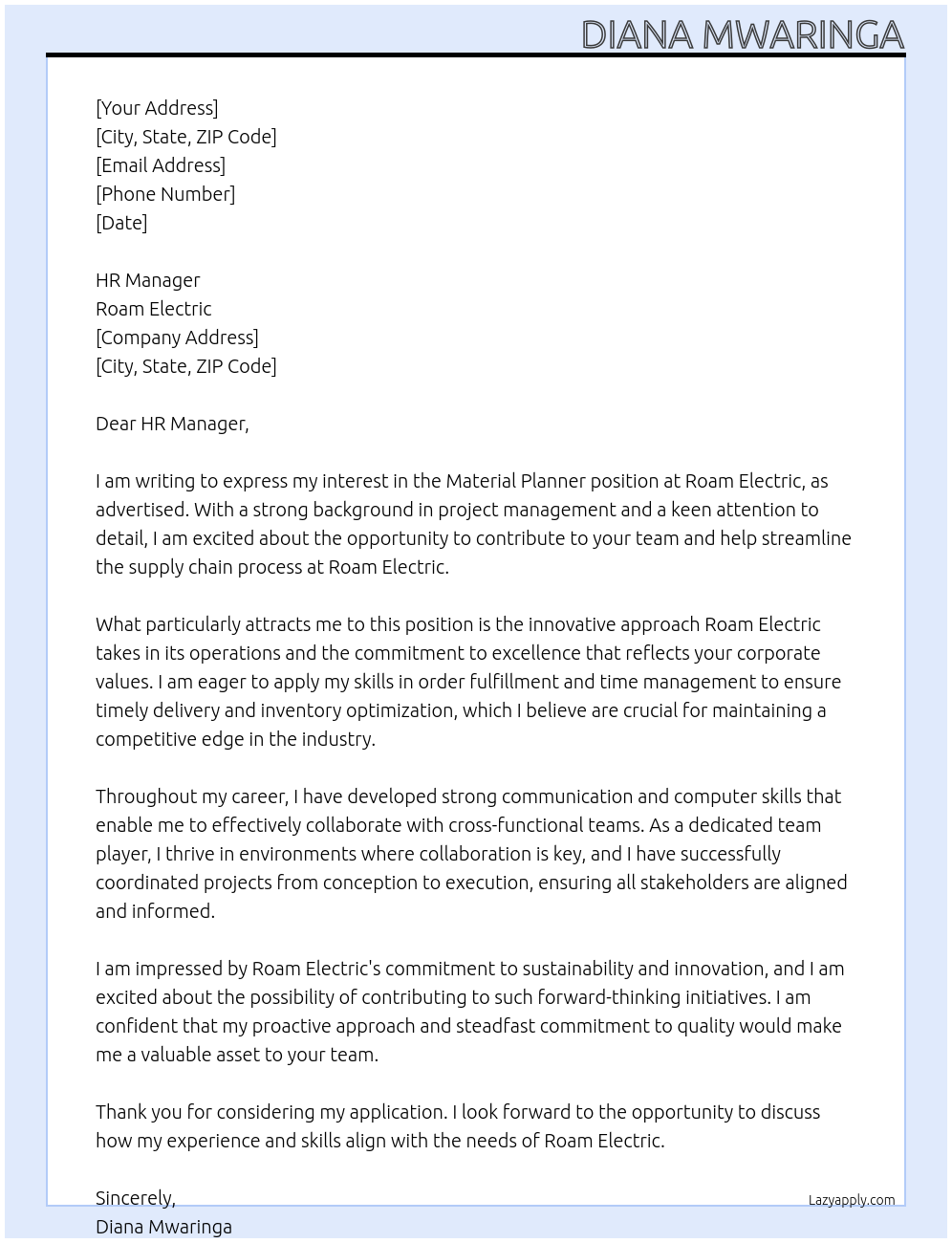 Cover letter for material planner - LazyApply