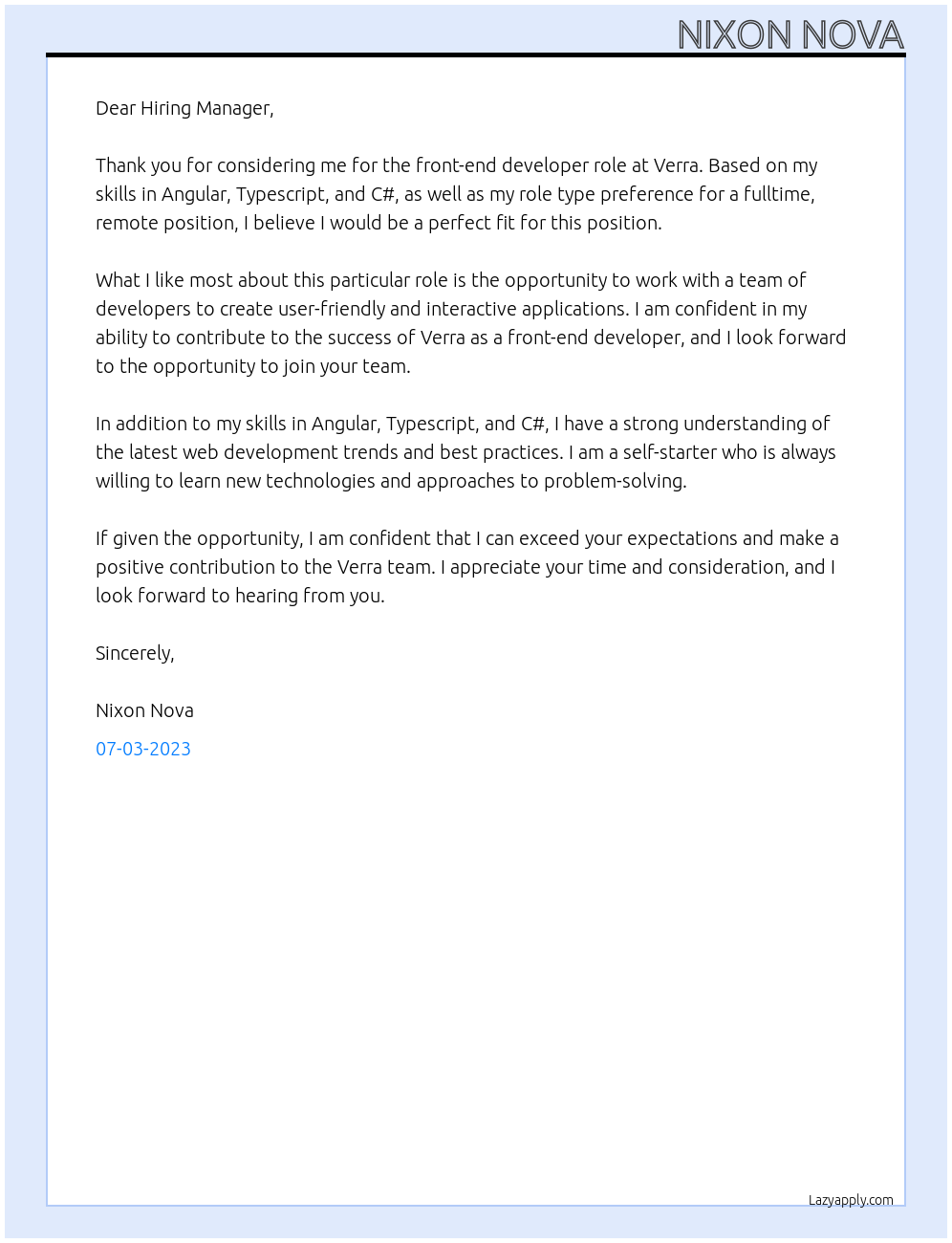 Front end developer At Verra Cover Letter