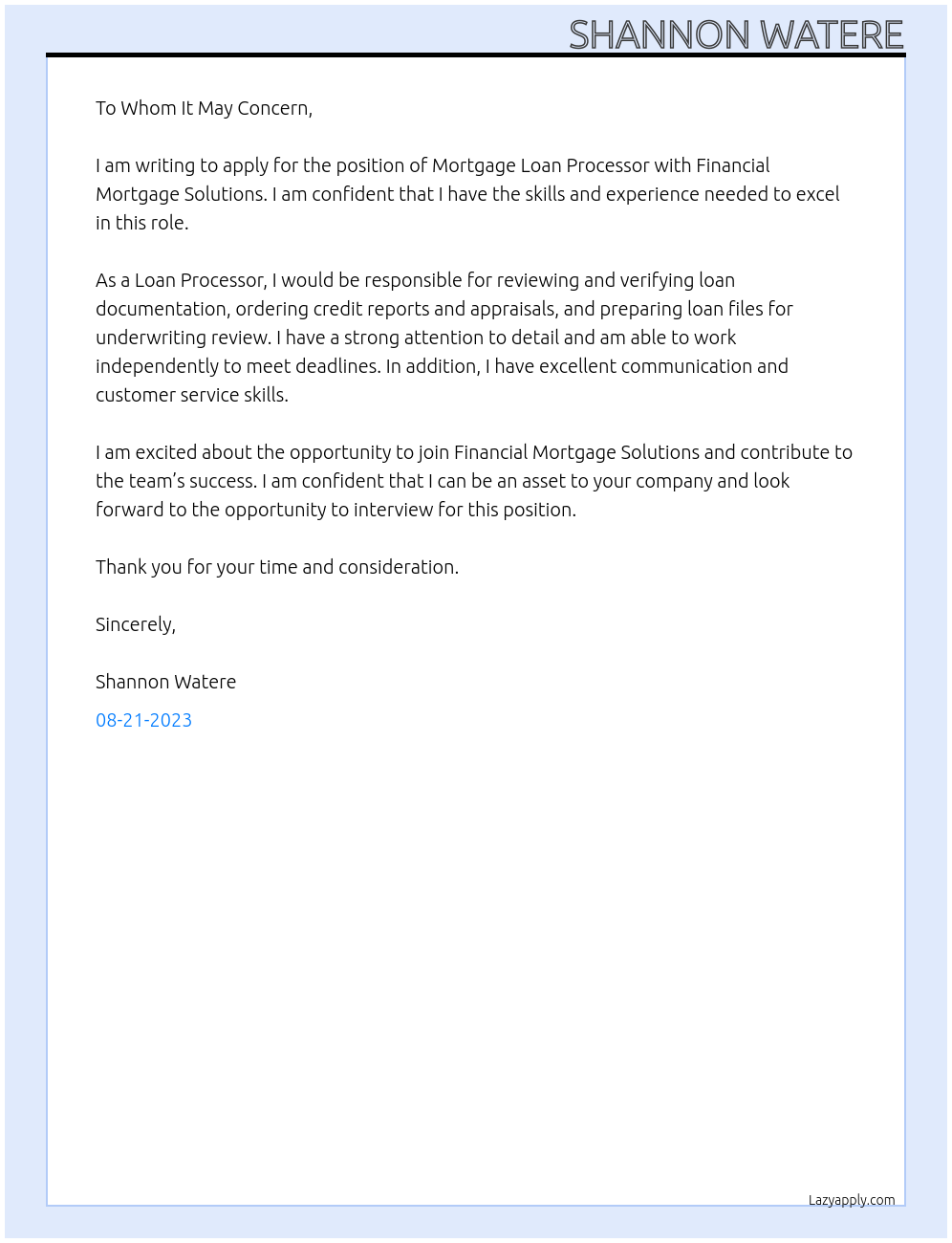 Mortgage Loan Processor At Financial Mortgage Solutions Cover Letter