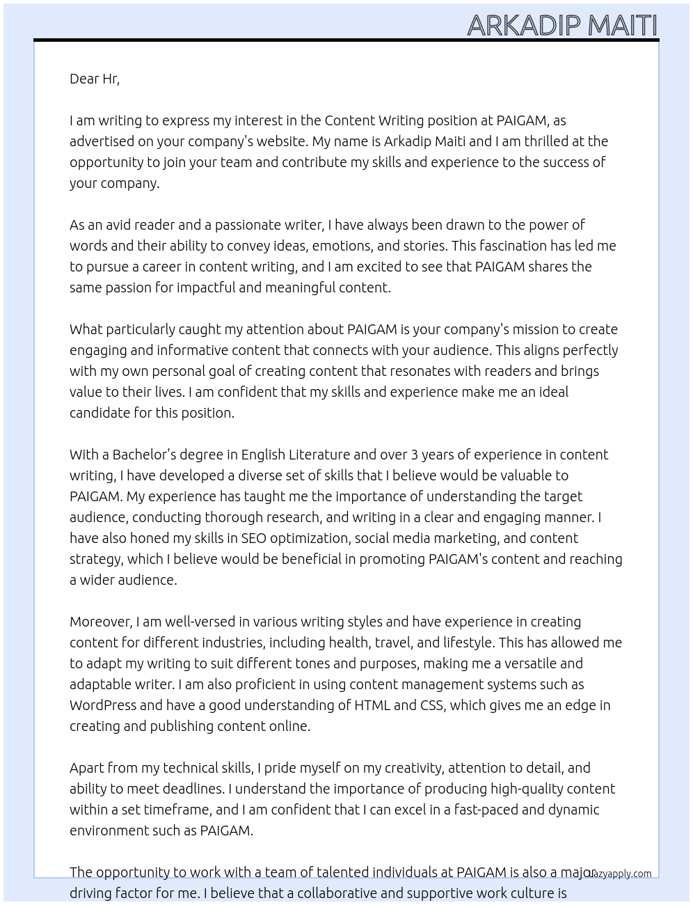 Content writing At PAIGAM Cover Letter