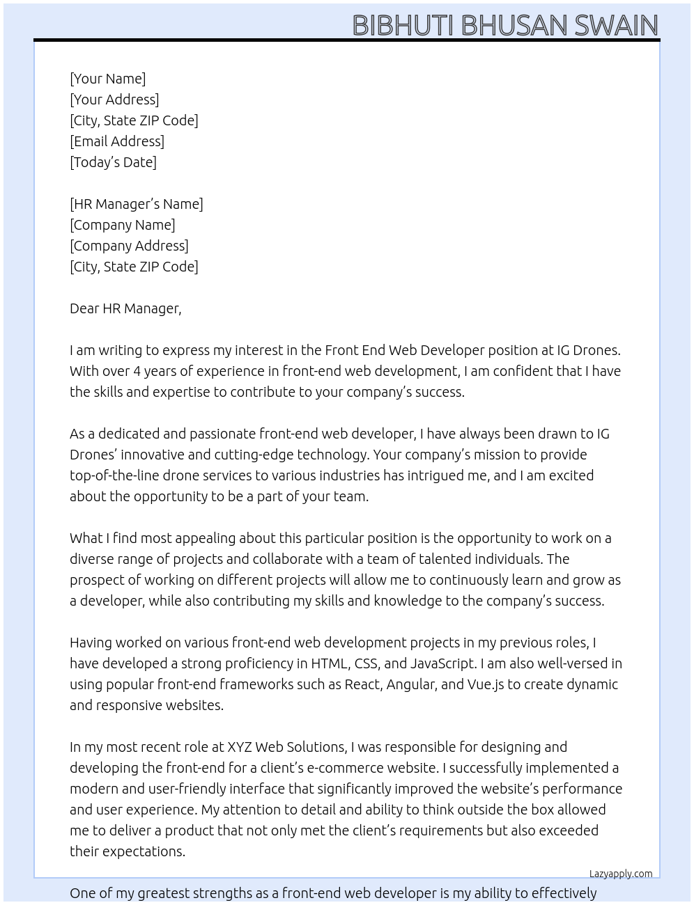 Front end web developer At IG Drones Cover Letter