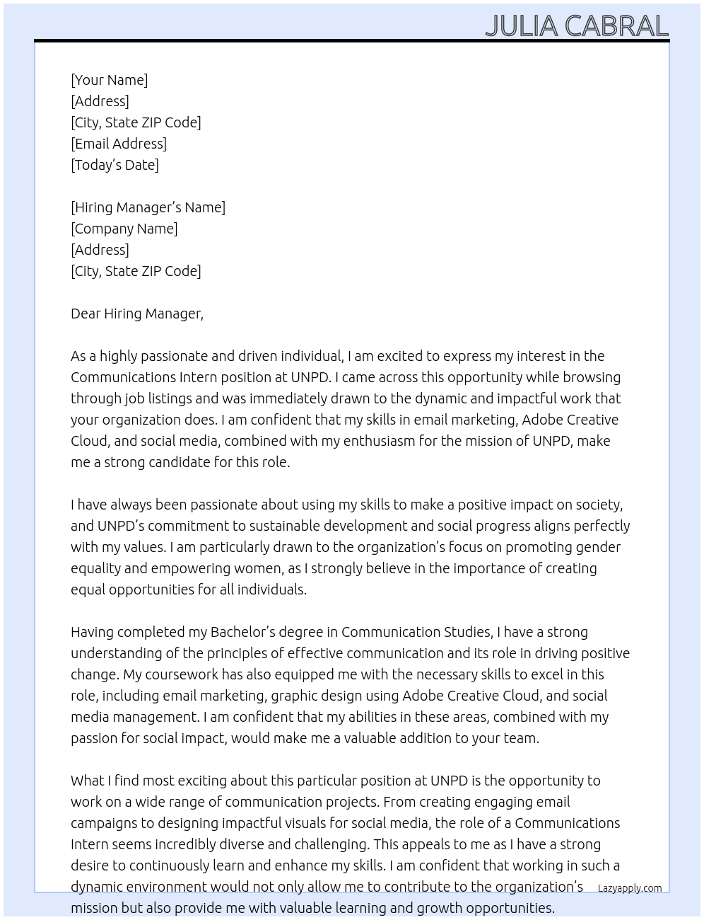 Communications Intern At UNPD Cover Letter