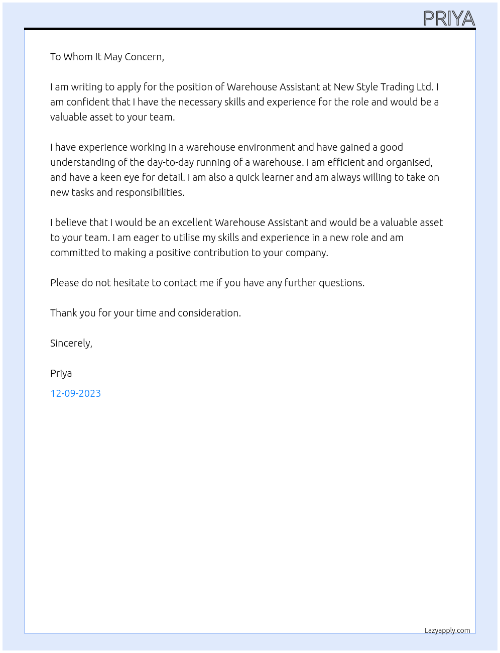 Warehouse assistant  At New style trading ltd. Cover Letter