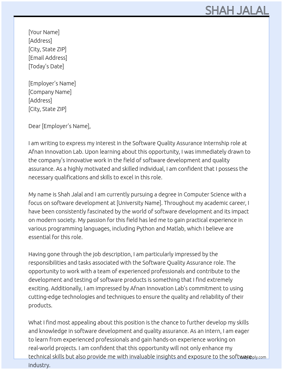 Software Quality Assurance At Afnan Innovation Lab Cover Letter