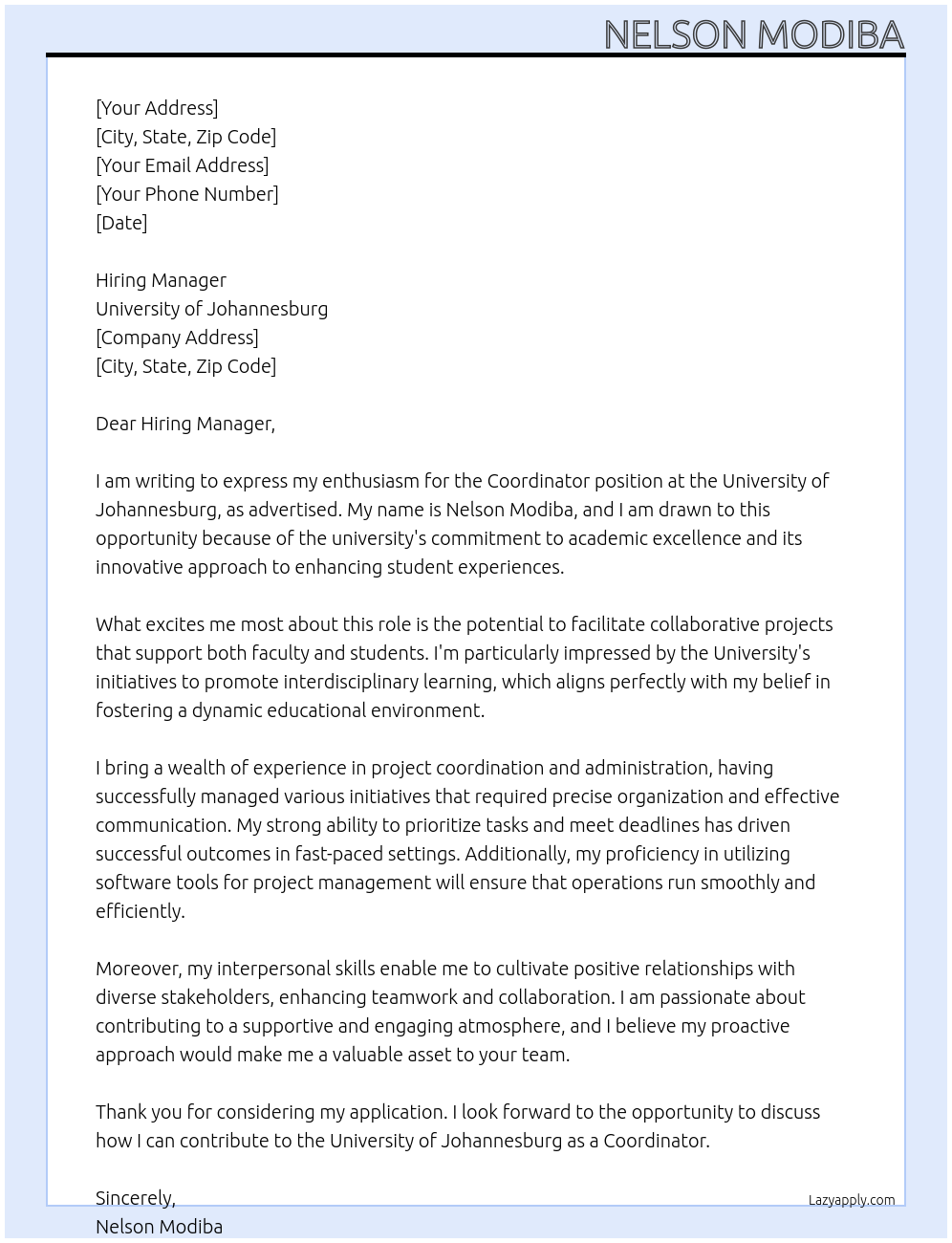 Coordinator At University of Johannesburg Cover Letter